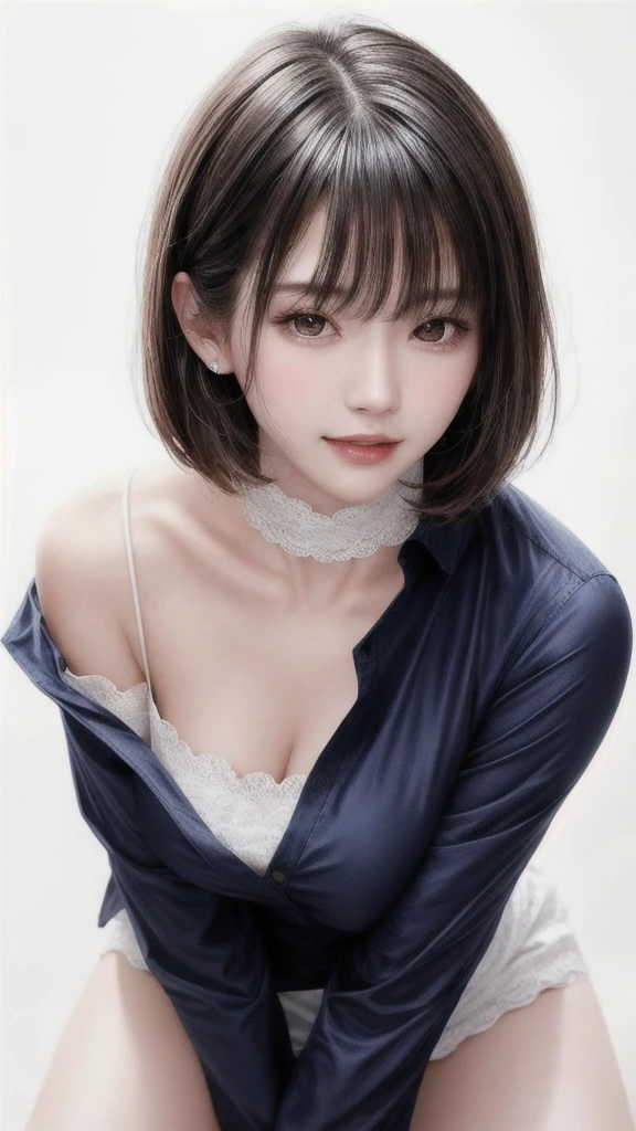  fashion trendy beautiful and attractive woman, gentle and attractive Chinese beautiful woman, Korean (kpop idol), delicate and sexy collarbone, attractive oval face, double eyelids, smart [peach] flower eyes, pink lips, small nose, bare shoulders, focus on face, [[face close-up], ultra high definition, super detail, White off-shoulder lace shirt, (((white lace panties), fresh and impressive, natural (large: 1.25), (kneel on the ground), (legs wide open), (legs spread), (from a low angle), (upright 1.5), (shiny skin: 1.4), (low angle)), perfect figure, areola, cleavage, armpit wrinkles), (NSFW: 1.05), ( Showpiece, top quality, high precision)), one girl, (big, photorealistic: 1.4), (slightly above the camera, looking up at the camera, looking up, looking up at the camera, staring at the camera))), solo, solo, white background, snow-white background, mouth closed, happy smile, pretty black hair, short hair, big eyes, pronounced double eyelids, eyelashes, ears out, long neck, long neck, Absolute area, ((close-up of face, short hair with bangs)), 19 years old, attractive proportions, shiny skin, clean collarbone, golden ratio face, perfect face, teardrop mole, chest mole, bangs, clean bangs, beautiful bangs, lip gloss, thin lips, white skin, undressed, big breasts, small face, staring at the camera a little upwards, ((smiling a little at the camera, really nothing pure white background, very big, big big, big breasts)), ((((uniform, shirt))))