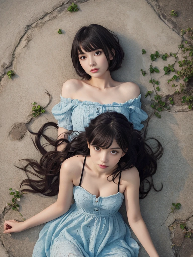 (on stomach),(from above:2),(Highest quality, Very detailed, masterpiece:1.2), 1 female, Very thin body, length, Thin legs, ((Black wavy short hair:1.2)), ((Thick and fluffy bangs)), Very detailedな顔,A faint smile, small, Thin Nose, small thin mouth, Extremely sharply focused eyes, Japanese, Beautiful Face, Realistic eyes, Beautiful and beautiful eyes, Realistic Skin, Beautiful Skin, charm, (Lively Faces), (flowing summer dress camisole evening), Creepy and unique hairstyles, High resolution, Vibrant color palette, , Tim Burton's signature dark shadows and strange details, ,background