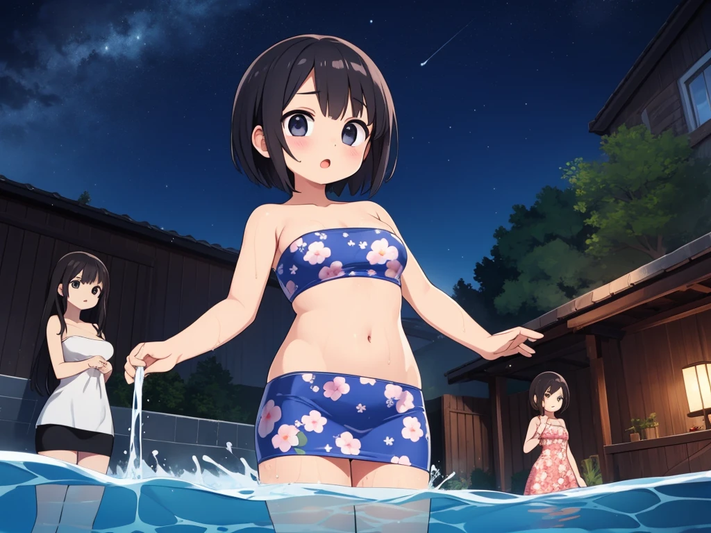 gangbang, ((3boys)), ((vaginal,sex,back)), nsfw, all nude, ((li:1.3)), baonsen, orgasm, blunt bangs, glossy black hair, short hair, black eyes, beautiful detailed eyes, ahoge, ((blush:1.6)), clear sky, wet, sitting on the stone, small breasts, open mouth, from below, steam, breast grab