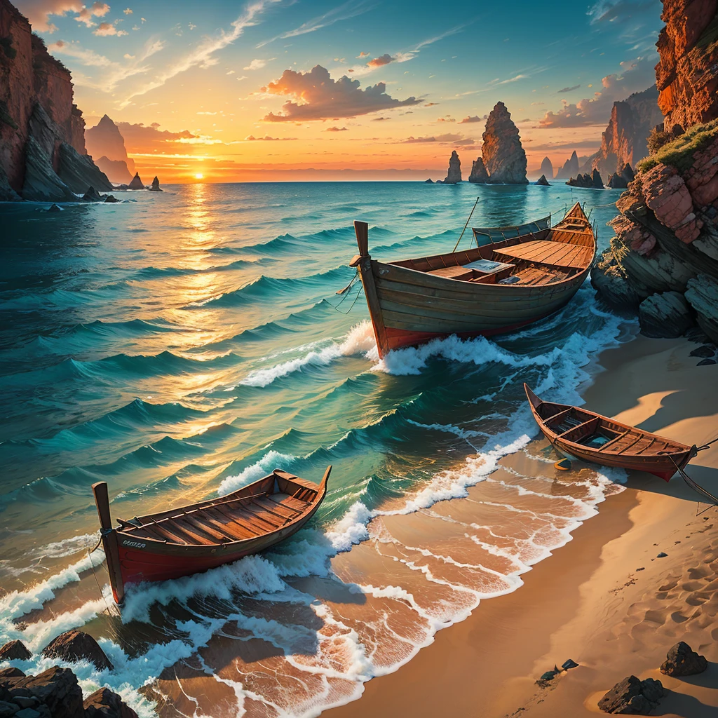 Winner of the award for best photography of the year, the scene captures with extreme clarity, 
color and texture a Turquoise Coast of Baja California, capturing the essence of a serene Mexican Panga boat 
anchored in the golden sand of a picturesque beach. The boat's awning extends across the side view, 
while fishing rods and palapas dot the landscape. Rock formations rise from the shore, with people scattered, 
blending harmoniously in the distance. ((Soft pinkish-orange tones blend with the sky)), 
reminiscent of the magic hour when the sun hides behind the horizon. 
The rule of thirds composition places the ship at the intersection of two diagonals, 
drawing the viewer's attention to the tranquil scene. The brushwork is textured and realistic, 
evoking the style of artists such as Aytek Cetin, Max Rive, Tanmay Sapkal, Andrea Zappia and Daniel Gerhartz.