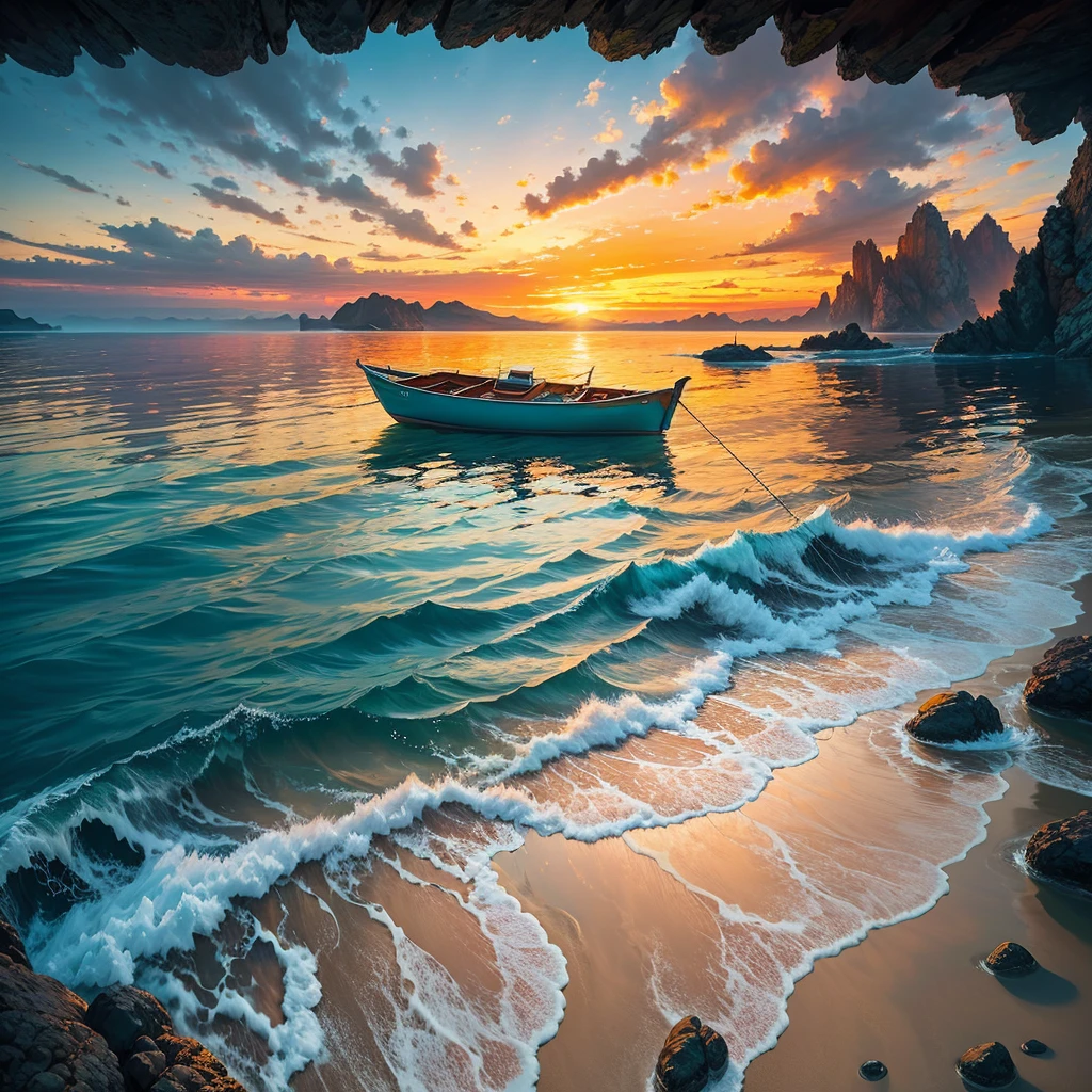 Winner of the award for best photography of the year, the scene captures with extreme clarity,
color and texture a Turquoise Coast of Baja California, capturing the essence of a serene Mexican Panga boat
anchored in the golden sand of a picturesque beach. The boat's awning extends across the side view,
while fishing rods and palapas dot the landscape. Rock formations rise from the shore, with people scattered,
blending harmoniously in the distance. ((Soft pinkish-orange tones blend with the sky)),
reminiscent of the magic hour when the sun hides behind the horizon.
The rule of thirds composition places the ship at the intersection of two diagonals,
drawing the viewer's attention to the tranquil scene. The brushwork is textured and realistic,
evoking the style of artists such as Aytek Cetin, Max Rive, Tanmay Sapkal, Andrea Zappia and Daniel Gerhartz.