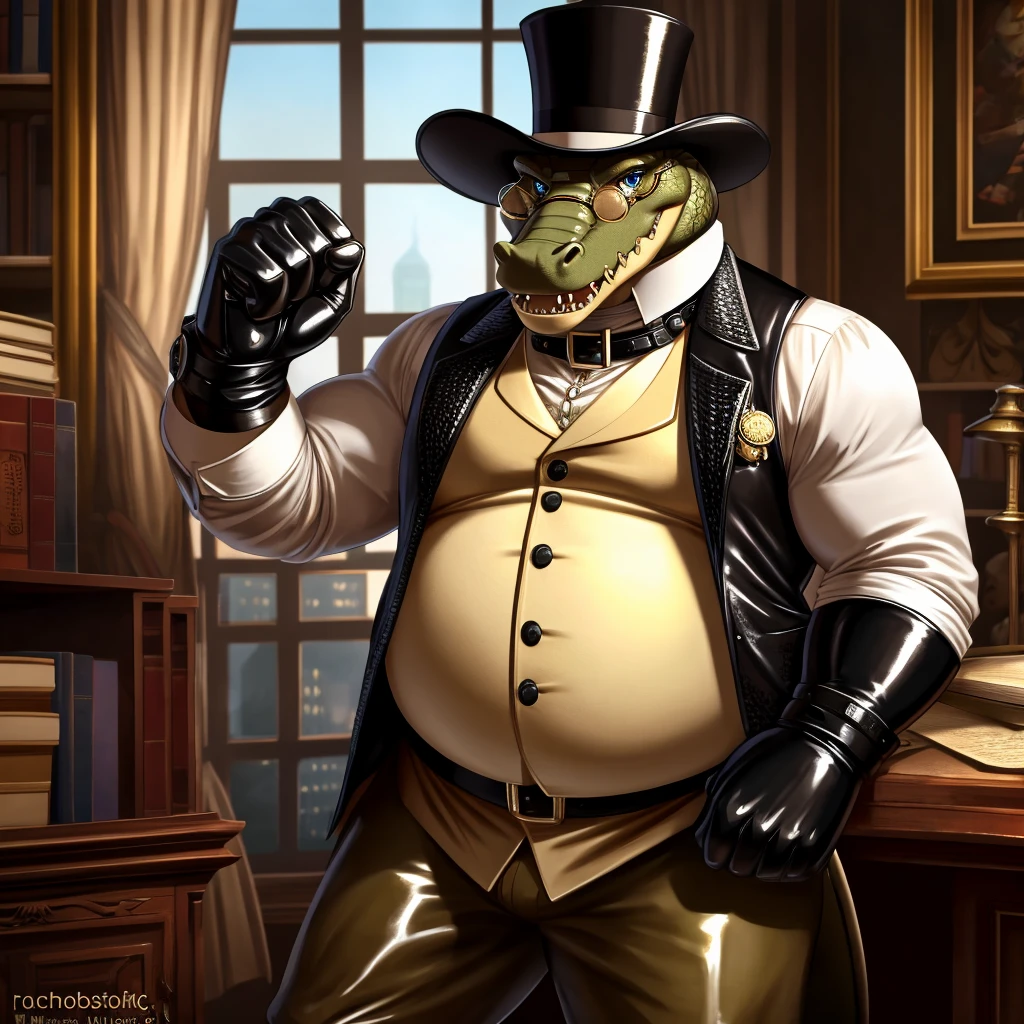 Solo, Male, fat, extremely obese, gentleman, dapper Professor Crocodile, blue eyes, (posing:1.3), (soft shading), 4k, hi res, ((detailed face, detailed)), looking at viewer, mouth wide open, steampunk, victorian, dapper clothing, collared shirt with buttons, top hat, male focus, Explorer Outfit, glasses, monocle, vest with buttons, sleeves rolled up, round eyewear, brown headwear, brown vest, office, Crocodile is wearing a glossy leather dog collar around the neck, Crocodile is wearing the leather collar and shirt and vest at the same time, Crocodile is wearing glossy white rubber gloves on the hands, wearing white rubber gloves on the feet, gloves are rubber in texture, clenching teeth, clenching fists, leather collar is glossy and shiny with a lot of detail, Crocodile is wearing gloves and leather collar at the same time, leather collar has a round dog-tag, leather collar is thick and detailed, leather collar is glossy and shiny, fancy clothing, dapper vest, dapper shirt, leather collar is thick, glossy leather collar.