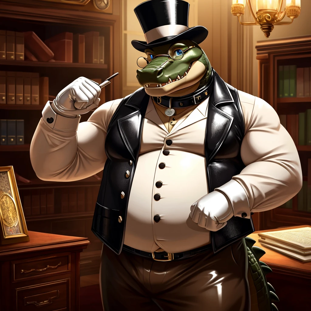Solo, Male, fat, extremely obese, gentleman, dapper Professor Crocodile, blue eyes, (posing:1.3), (soft shading), 4k, hi res, ((detailed face, detailed)), looking at viewer, mouth wide open, steampunk, victorian, dapper clothing, collared shirt with buttons, top hat, male focus, Explorer Outfit, glasses, monocle, vest with buttons, sleeves rolled up, round eyewear, brown headwear, brown vest, office, Crocodile is wearing a glossy leather dog collar around the neck, Crocodile is wearing the leather collar and shirt and vest at the same time, Crocodile is wearing glossy white rubber gloves on the hands, wearing white rubber gloves on the feet, gloves are rubber in texture, clenching teeth, clenching fists, leather collar is glossy and shiny with a lot of detail, Crocodile is wearing gloves and leather collar at the same time, leather collar has a round dog-tag, leather collar is thick and detailed, leather collar is glossy and shiny, fancy clothing, dapper vest, dapper shirt, leather collar is thick, glossy leather collar.