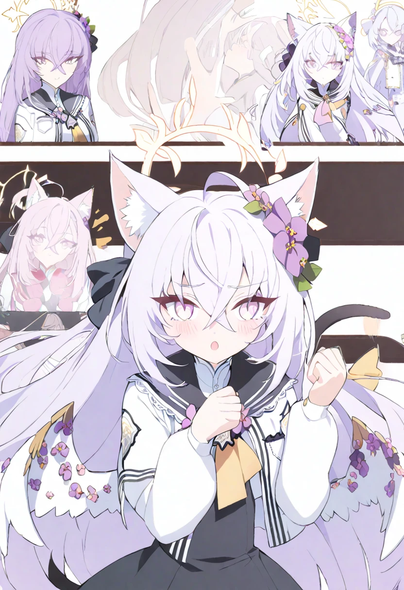 azusa \(blue archive\), 1girl :o afterimage ahoge animal_ears black_dress blush cat cat_ears clenched_hands cropped_jacket crossed_bangs dress ear_wiggle hair_between_eyes halo hands_up jacket kemonomimi_mode long_hair long_sleeves looking_at_viewer motion_lines pink_eyes purple_hair simple_background solo tail tail_wagging white_background white_jacket wings
