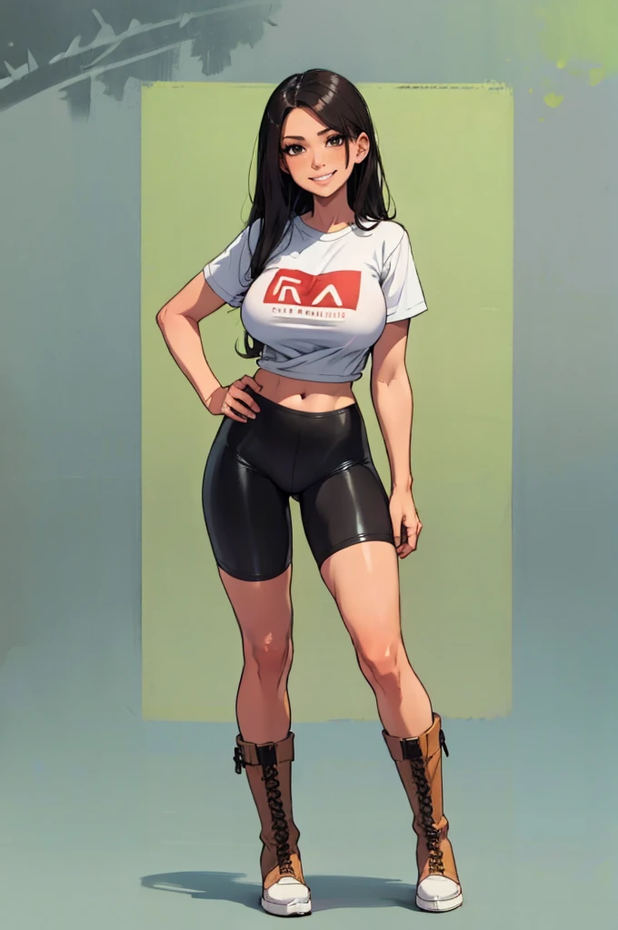 green solid background, 1 woman, best quality, ultra high res, long hair, black hair, Asian brown eyes, bike shorts, black boots, toned tummy, blank white t-shirt, short sleeves, smiling at viewers, double D breast, standing, full body