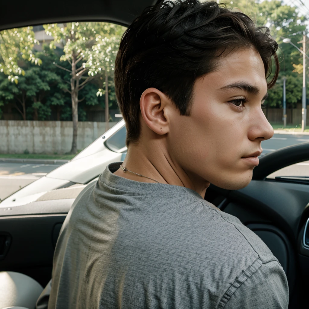 side portrait 1 boy 16 years on the back seat of a car