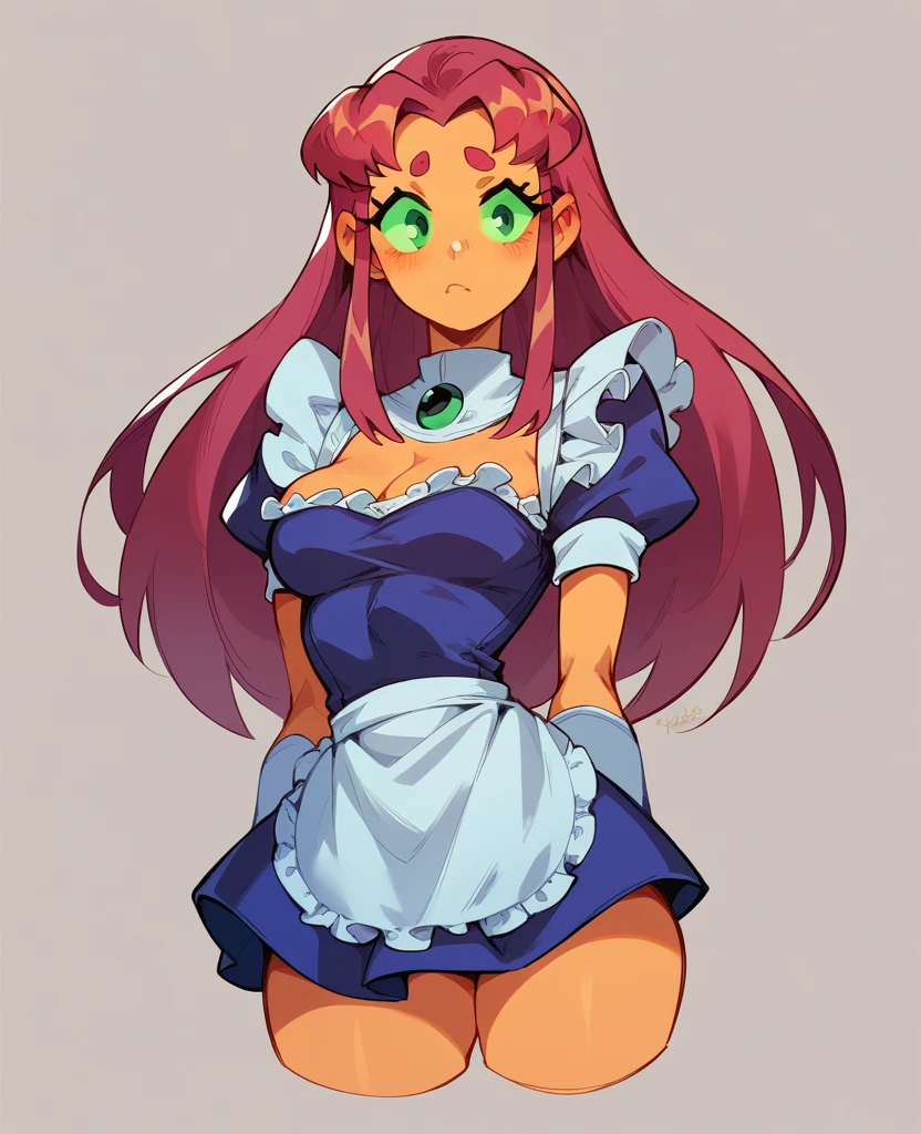 Starfire from the  Titans wearing a maid uniform while standing looks at her master with a submissive look