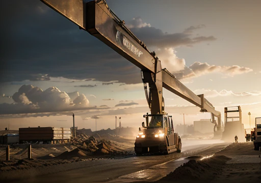 Big warehouse, epic, absurdres, (workers behind set 1.1) cinematic, dynamic view angle, volumetric lights, mist, cinematic, dutch angle, quarry, dust, volumetric lights, wet road after rain, mist, sunset, sun low on horizon, clouds, heavy equipment work, landmark project, lifting sand,
