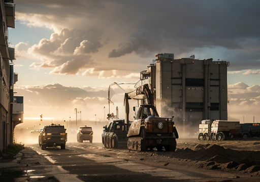 Big warehouse, epic, absurdres, (workers behind set 1.1) cinematic, dynamic view angle, volumetric lights, mist, cinematic, dutch angle, quarry, dust, volumetric lights, wet road after rain, mist, sunset, sun low on horizon, clouds, heavy equipment work, landmark project, lifting sand,