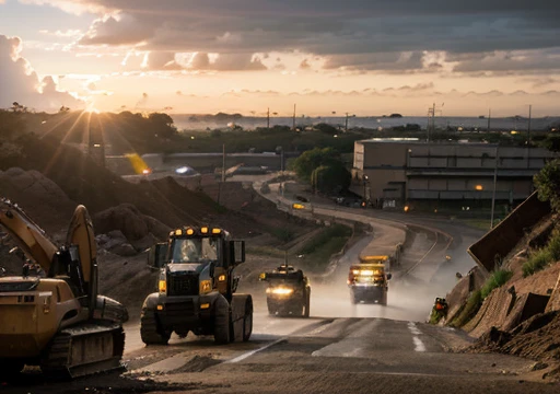 Big warehouse, epic, absurdres, (workers behind set 1.1) cinematic, dynamic view angle, volumetric lights, mist, cinematic, dutch angle, quarry, dust, volumetric lights, wet road after rain, mist, sunset, sun low on horizon, clouds, heavy equipment work, landmark project, lifting sand,