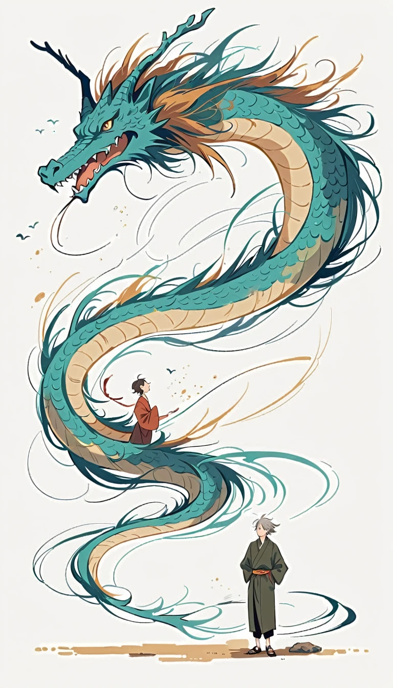 white background, Fujichoco style, kimono, (((the coolest man))), gray hair, ((Dragon, wind)), simple background, Simple line initialism, full body,