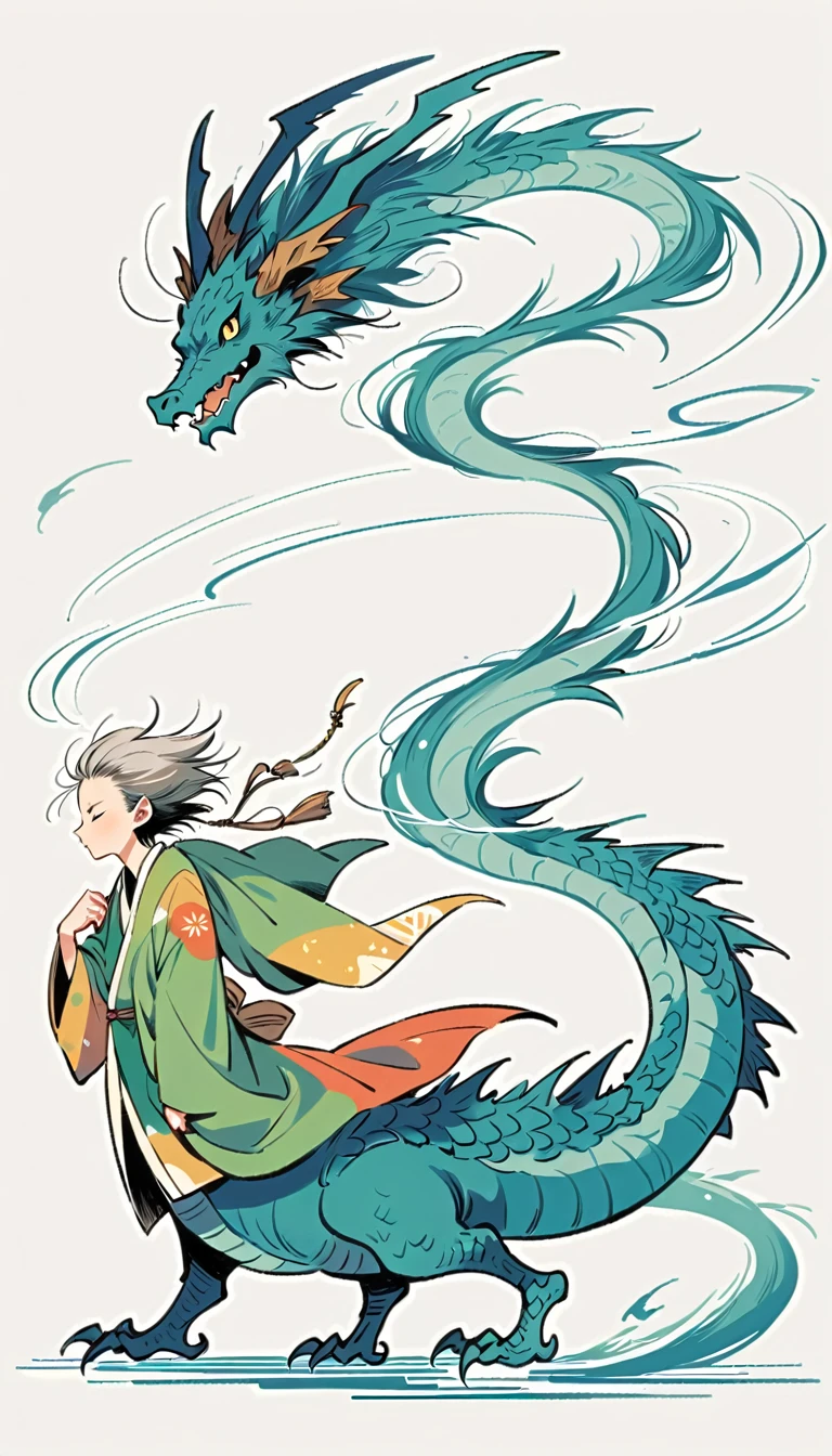white background, Fujichoco style, kimono, Handsome man, (((the coolest man))), gray hair, ((Dragon, wind)), simple background, Simple line initialism, full body,