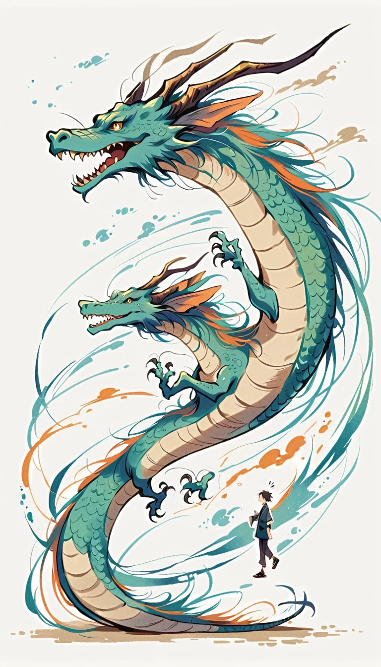 white background, Fujichoco style, kimono, (((the coolest man))),  gray hair, ((Dragon, wind)), simple background, Simple line initialism, full body, 