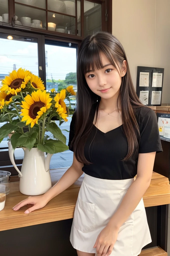 20 years old girl (Japanese cute face) is wearing mini skirt and white apron and working at the cafe with sunflowers
