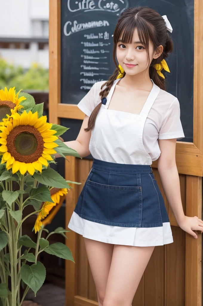 20 years old girl (Japanese cute face) is wearing mini skirt and white apron and working at the cafe with sunflowers