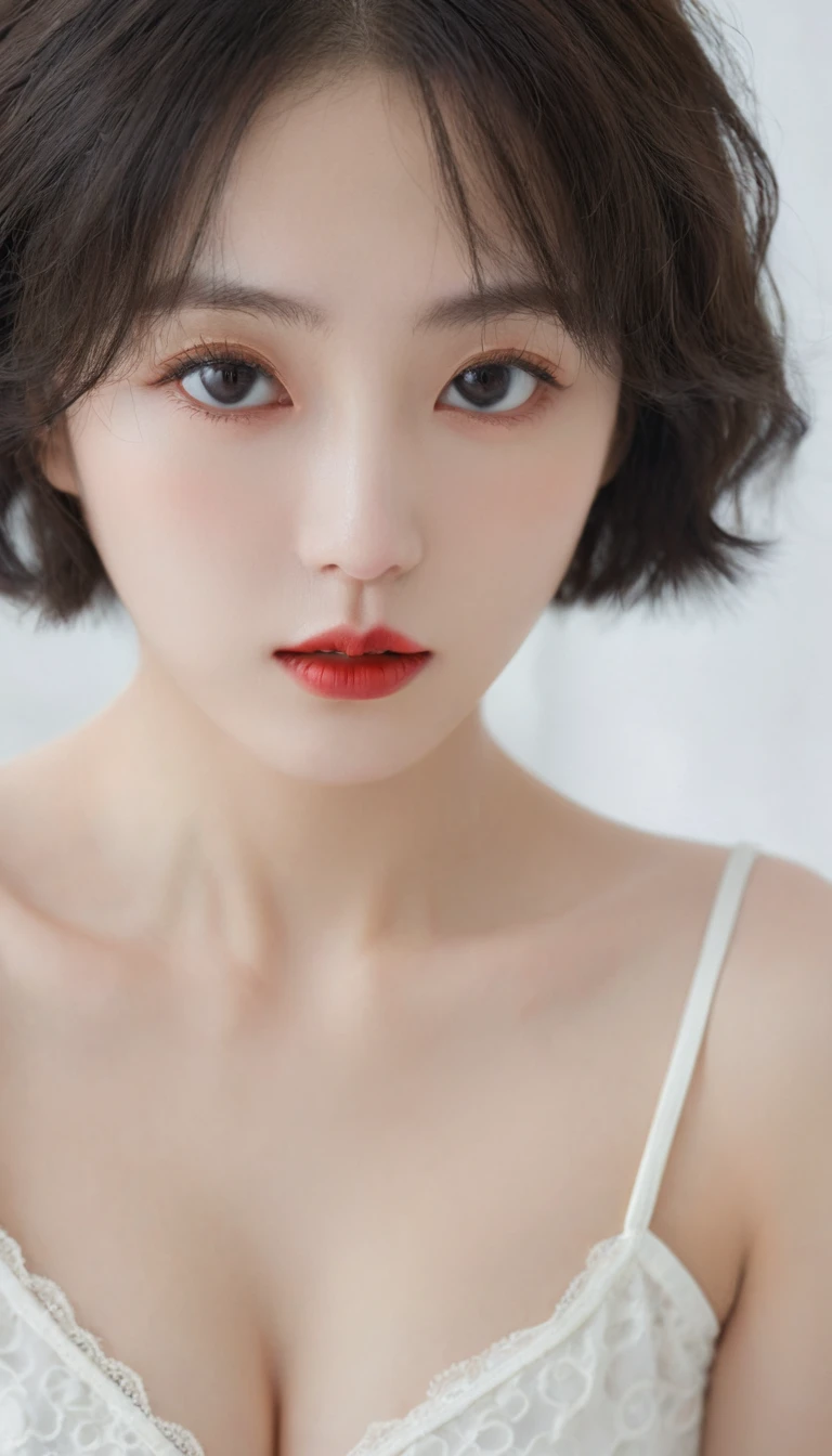 Surrealism), (illustration), (high resolution), (8K), (Extremely detailed), (best illustration), (美丽而精致的Eye), (best quality), (Very detailed), (masterpiece), ( wallpaper), (Delicate face), solitary, 1 girl, White curly hair, Korean, Heterochromic Eyes, Eye下面有一颗小痣,, Large Breasts, Long legs, Tight abdominal muscles,Dynamic poses, High school girl,Gravure printing, Sexy, Perfect composition, ((Realistic perfect circle deep black super ridiculous details_Eye: 1.3, Extreme quality and resolution)), (Pale), ((Ultra-realistic sharp Eye, Obvious absurd quality, Not blurry,)), ((Fine pupils:1.4)), (Perfect makeup:1.35), ((Ultra-detailed symmetrical lips:1.3)), ((V-shaped jaw)), (Light glossy red_Lipstick:1.35), (Extremely detailed, Beautiful little nose:1.2), (Perfect composition), ((Pale skin:1.28)), ((Dry skin)), (flat chest), (Slim lower body), (Short hair handsome:1.37),((Vision))((Focus on the feet))
