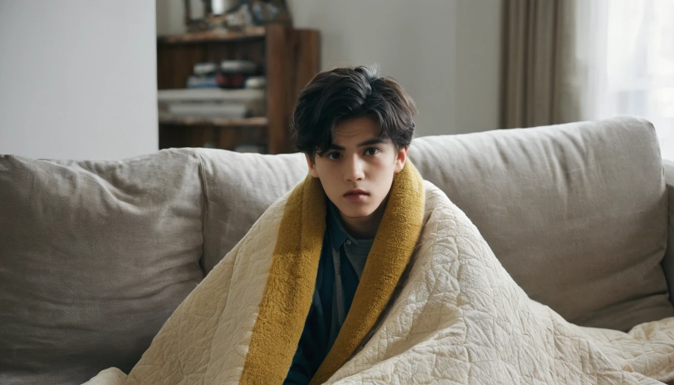 A boy of about 20 years old, wrapped in a quilt, sat on the sofa in the living room, with his back to the camera and watching TV.