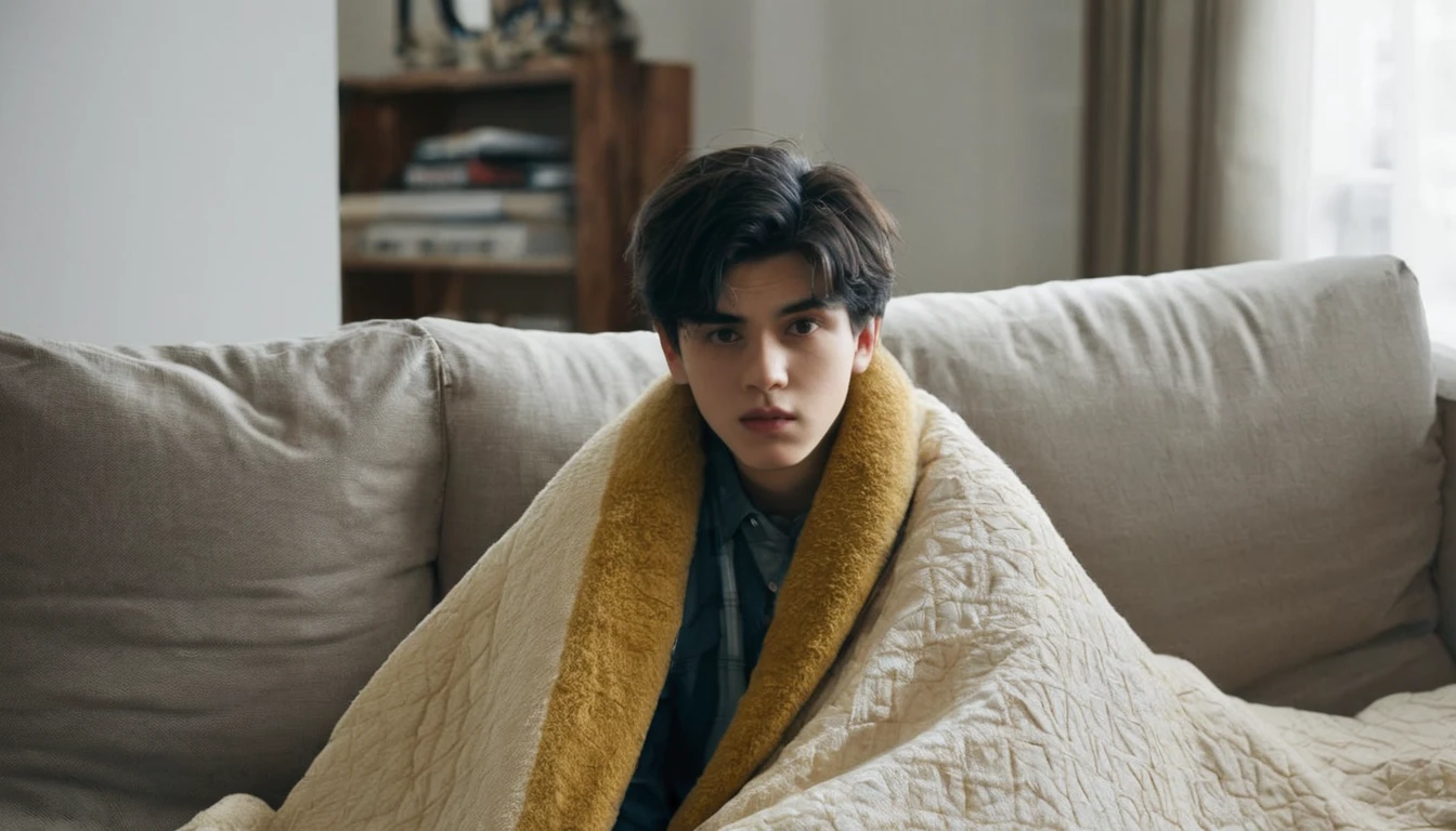 A boy of about 20 years old, wrapped in a quilt, sat on the sofa in the living room, with his back to the camera and watching TV.