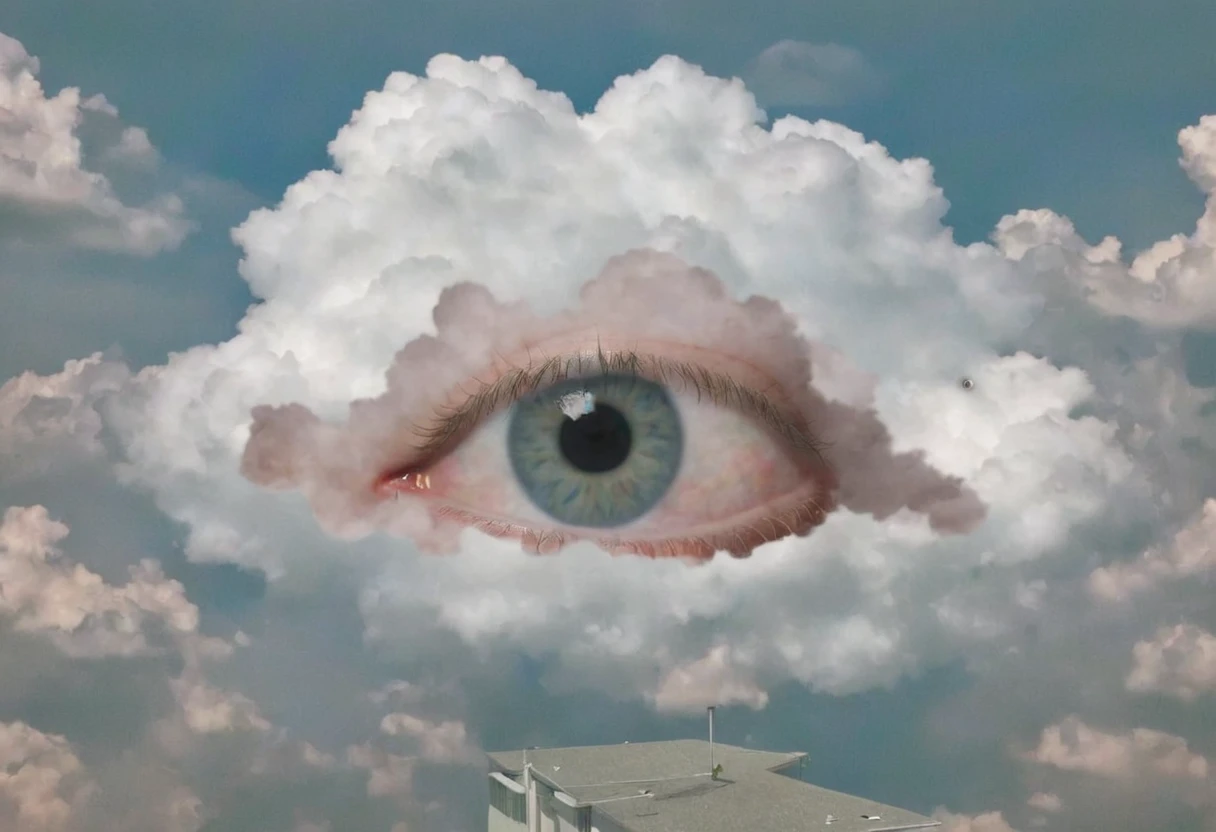 a surreal scene gazing at the sky adorned with a massive eye peering out from behind a cloud, blending elements of human presence with the bizarre and weirdcore 