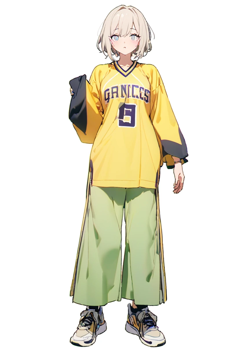(Best, highest quality: 1.2, 8K), center, full body, 20s, 1 adult female, jersey, wide pants, simple sneakers, simple background, white background, open eyes, delicate eyes, beautiful eyes,