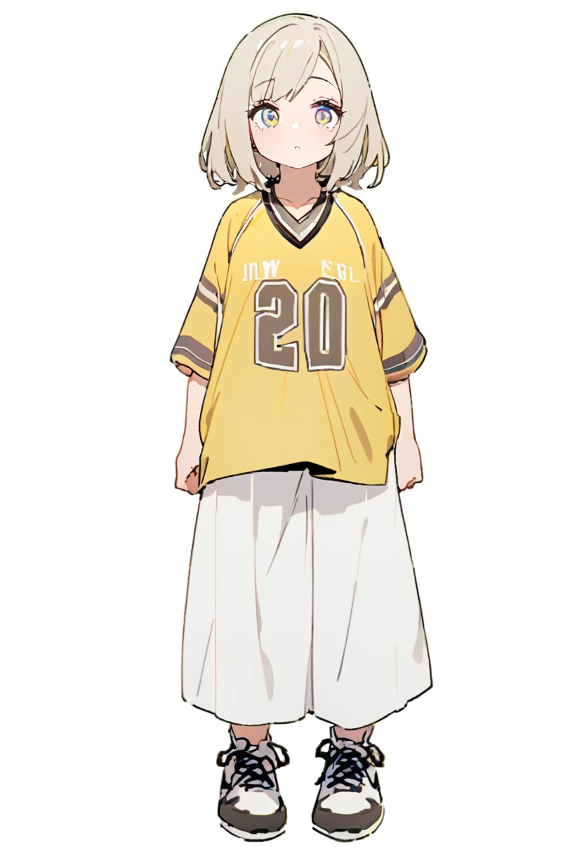 (Best, highest quality: 1.2, 8K), center, full body, 20s, 1 adult female, jersey, wide pants, simple sneakers, simple background, white background, open eyes, delicate eyes, beautiful eyes,