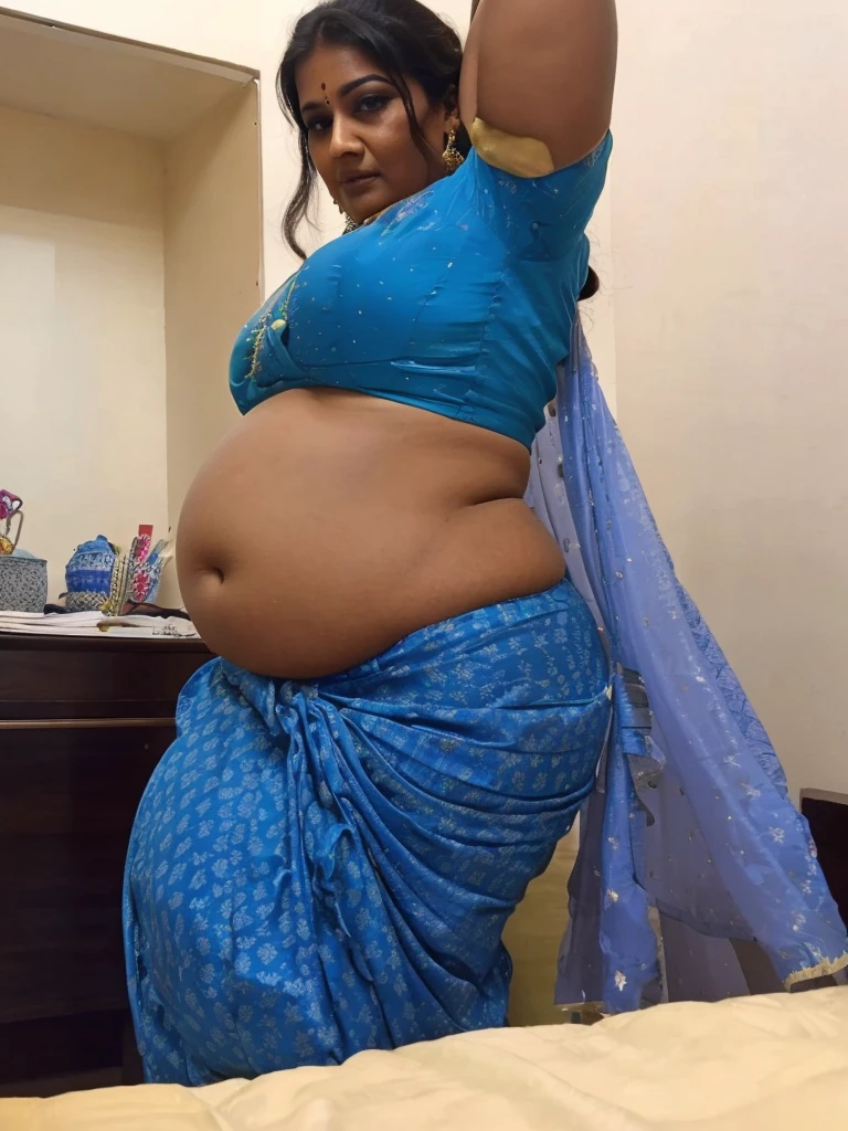 indian.plus size bhabhi wearing yellow skirt and yellow blouse, she has big belly wide hips, big buttocks , fat legs