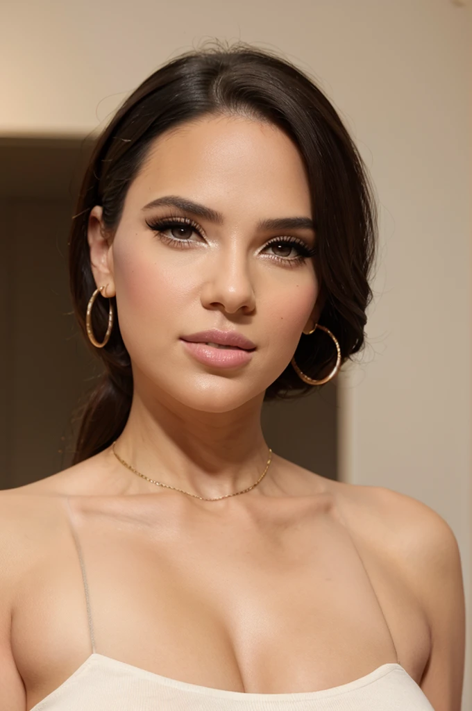 A young curvy Latina woman,long dark hair,tight low-cut white crop top,large bust,beautiful detailed eyes,beautiful detailed lips,extremely detailed face,longeyelashes,photorealistic,high quality,ultra-detailed,ultra-fine painting,studio lighting,physically-based rendering,vivid colors,warm lighting,chiaroscuro,dramatic lighting,cinematic,glamour,elegant,fashion,portrait