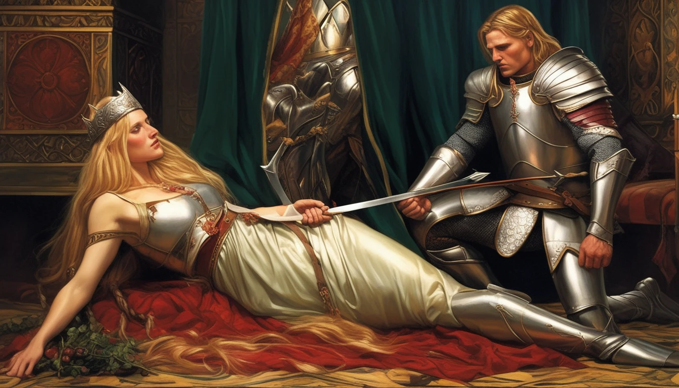 Highly detailed, UHD, 32k, medieval fantasy, heavy metal magazine cover, oil on canvas. pre-raphaelite painting. Multiple subjects. Medieval cinematic scene. in this scene, a blonde middle aged queen lies vanquished at the feet of a fat middle aged female human warrior, the warrior is clad in silver armor and has a steel bow in her hands, an arrow being readied by her. The scene takes place inside a royal hall, in the throne room. a royal banquet was happening when the queen was vanquished, and plates, food and goblets are scattered all around, wine spilled on the floor, the noble guests in shock at what just happened.