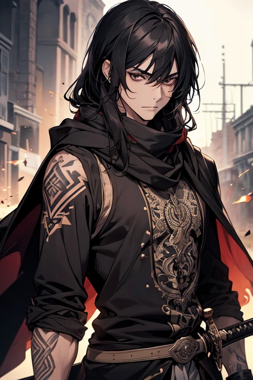 naughty man, -up, long medium length hair with bangs, Bblack hair, brown eyes, comely, warrior, sword with engravings, energy, tattoo's, hooded scarf, RPG