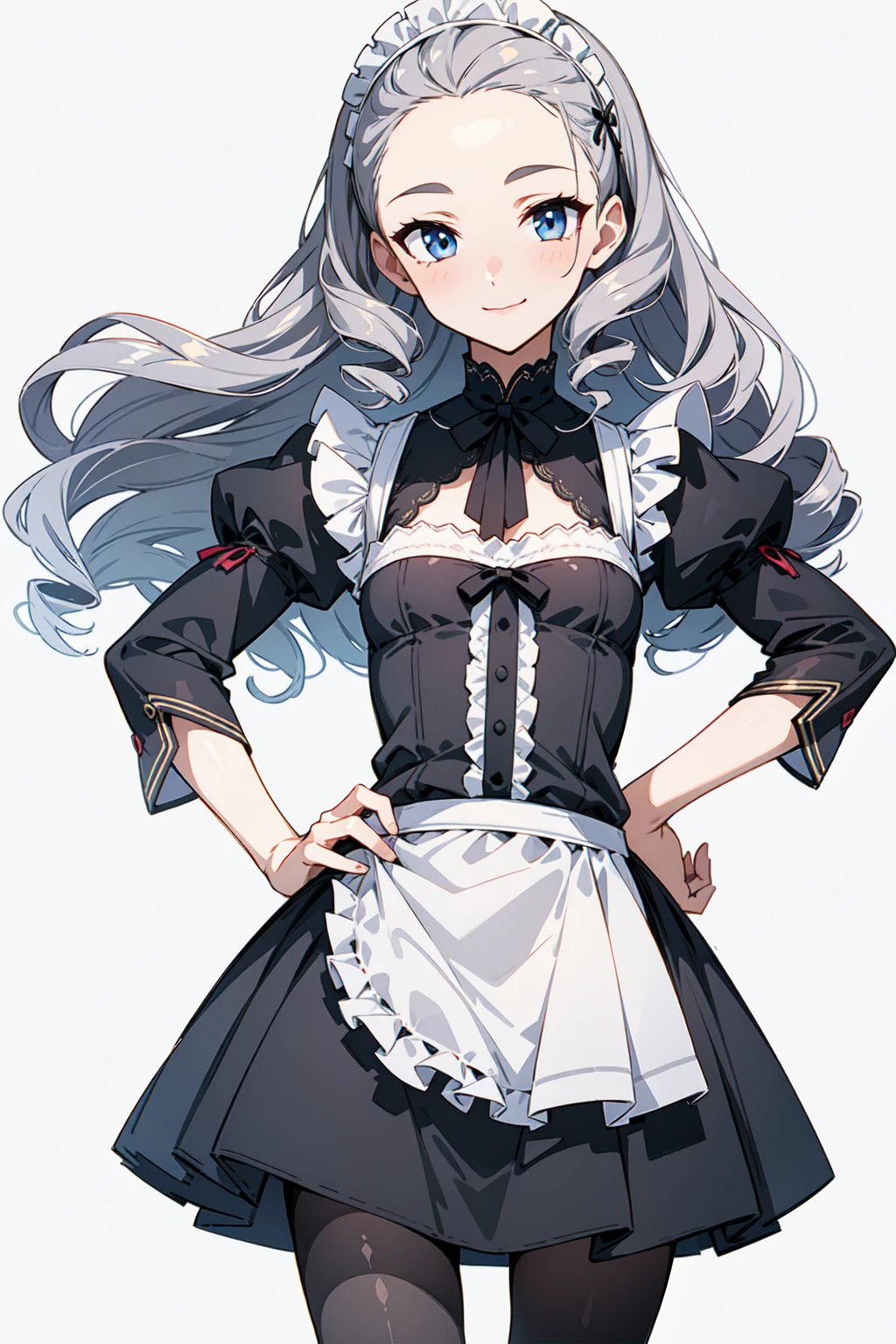 Masterpiece, best quality, Exceptionally high quality, 1 girl, alone, young man with long hair, curly hair, gray hair, forehead, Smooth, split in the middle, small breasts, Flat chest, impartial, Kind smile, Neungchan, Wear a white Victorian style dress., maid, victorian dress, apron, Leggings, black stockings, upper body, stand, close up, hands on hips, detailed hands, white background, simple background, 