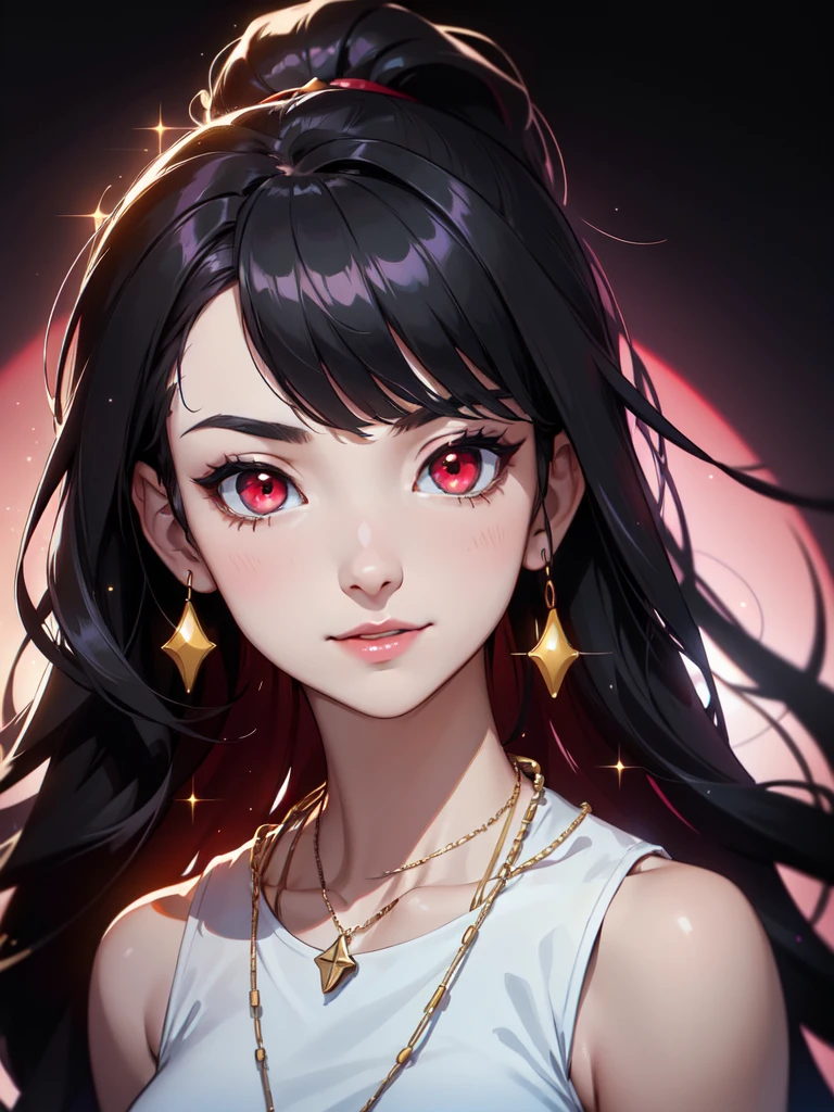 (((Portrait Photo))), She has a Fresh, Youthful 15-Year-Old Appearance, with a Slim, Athletic Build, and a Regal Demeanor. She has Long, Loose Black Hair, Styled in a Slightly Wavy High Ponytail, with Strands Falling Around Her Face. Her Striking Red Eyes Sparkle with Great Energy, Giving Off a Cheerful Expression and Youthful Charm. She is Wearing a Lightweight Culottes in a Pastel Shade, Paired with a Fitted Sleeveless Top, and a Long Chain Necklace for a Chic Look. (((High Quality, Dark Background))), (((Portrait Photo)))