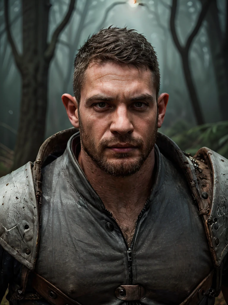 a male cleric with faded short black hair with some grey hair, shaved sides, neat and trimmed beard, oval face, werewolf claw's scar on his face and neck, battle-worn scars, bright wolven eyes, elvish ears, tan complexion, dragon full leather armour with a dragon symbol, walking in a dark forest, casting a lighting spell on one hand, graveyard in the background, masterpiece, ultra-detailed, realistic, photorealistic, fantasy, dark, dramatic lighting, cinematic, moody, epic, heroic