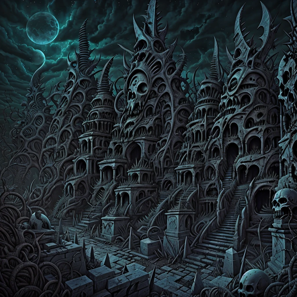 Wide angle, a creepy landscape of an alien cemetery. Tombs, Spiked walls, spiked halls. Dark horror, creepy vibration, biomorphic tombs; ruined sculptures, Madness, frenzy; spikes, and thorns. Biomorphic sky, cosmic rottenness. Color drawing, unreal engine, UHD. Hyperdetailed, masterpiece, intricate details.