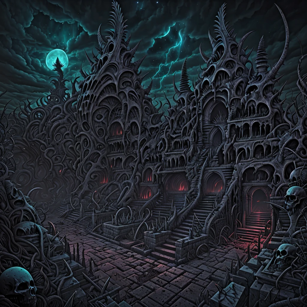 Wide angle, a creepy landscape of an alien cemetery. Tombs, Spiked walls, spiked halls.  Dark horror, creepy vibration, biomorphic tombs; ruined sculptures, Madness, frenzy; spikes, and thorns. Biomorphic sky, cosmic rottenness. Color drawing, unreal engine, UHD. Hyperdetailed, masterpiece, intricate details.