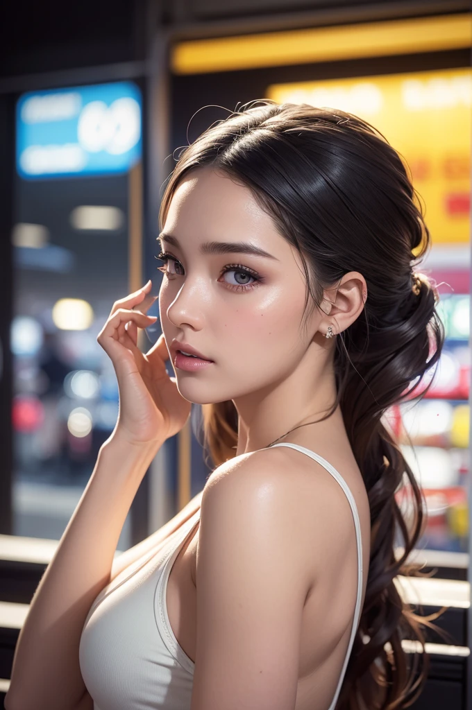 a beautiful girl in a convenience store, detailed eyes, long eyelashes, detailed lips, detailed face, beautiful detailed features, flawless skin, stylish streetwear outfit, heavenly beauty, barely clothed, photorealistic, 8k, highres, masterpiece, ultra-detailed, vivid colors, studio lighting, physically-based rendering, professional, concept art, atmospheric lighting, intricate details