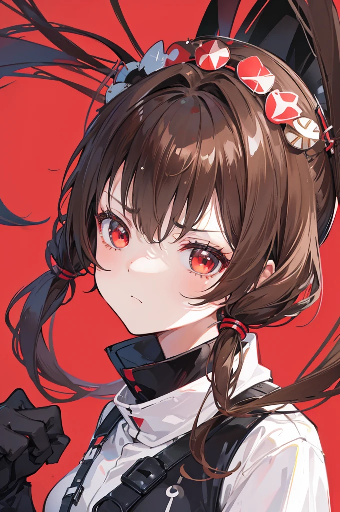 brown hair, short twintail, miss, portrait, Black color , pretty girl, Grumpy, red eyes, Dodoham, small breasts, disinterest