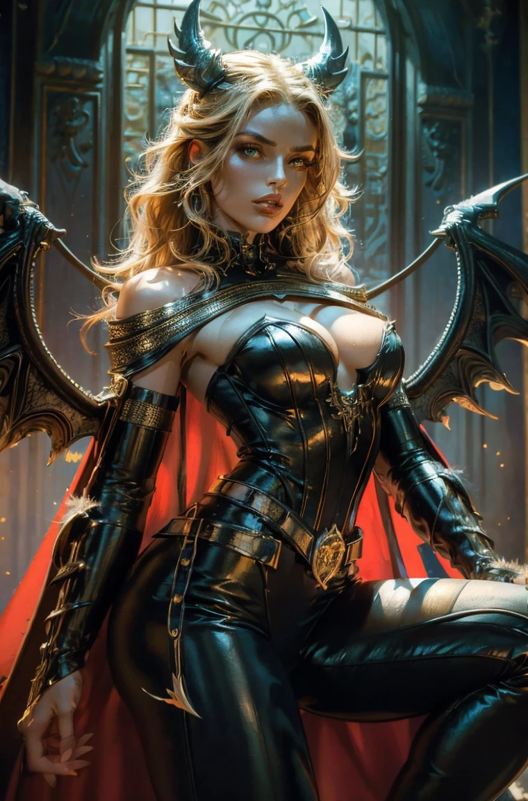 BLONDE A female blonde succubus with bat wings tipped with claws, with mesmerizing feature masterpiece, top quality, best quality, official art, beautiful and aesthetic:1.2), (1girl), extreme detailed,(fractal art:1.3), colorful, highest detailed, (masterpiece, best quality:1.3) 1 bright-amber, blue, green cat like-eyes, professional digital painting, Unreal Engine 5. wearing a leather pants, and a top with wide sleeves, or cape effect, matching thin belt with a high waist thick heeled full covered shoes, oxfords, Seductive Hopeful expression, finely detailed eyes, happy mood, Wearing a full coverage blouse, epic scene, epic composition, Cinematic Lighting, Volumetric Lighting, ethereal light, intricate details, extremely detailed volumetric rays. [Beautiful girl in an, boho outfit, cheap ripped linen shirt and pants, oil painting, Detailed facial features, Sunlight, bright colors, dramatic lighting, expressive eyes and lips, High Resolution, 4K quality, Photorealistic]
