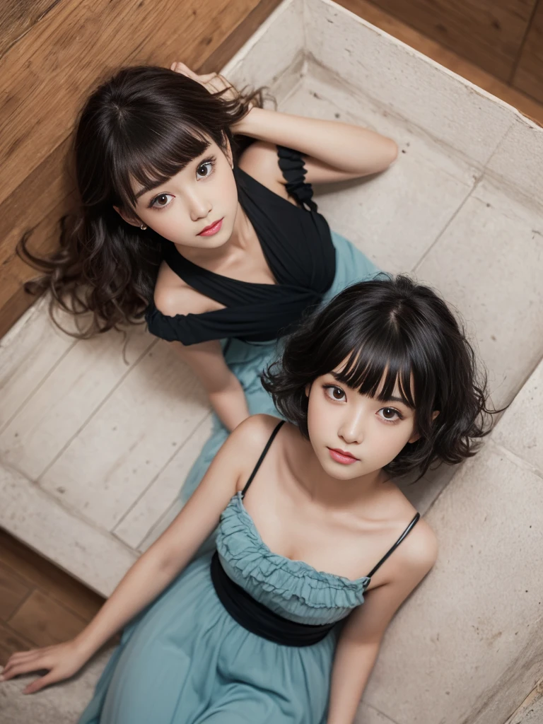 (lying prone),(from above:2),(Highest quality, Very detailed, masterpiece:1.2), 1 female, Very thin body, length, Thin legs, ((Black wavy short hair:1.2)), ((Thick and fluffy bangs)), Very detailedな顔,A faint smile, small, Thin Nose, small thin mouth, Extremely sharply focused eyes, Japanese, Beautiful Face, Realistic eyes, Beautiful and beautiful eyes, Realistic Skin, Beautiful Skin, charm, (Lively Faces), (flowing summer dress camisole evening), Creepy and unique hairstyles, High resolution, Vibrant color palette, , Tim Burton's signature dark shadows and strange details, ,background