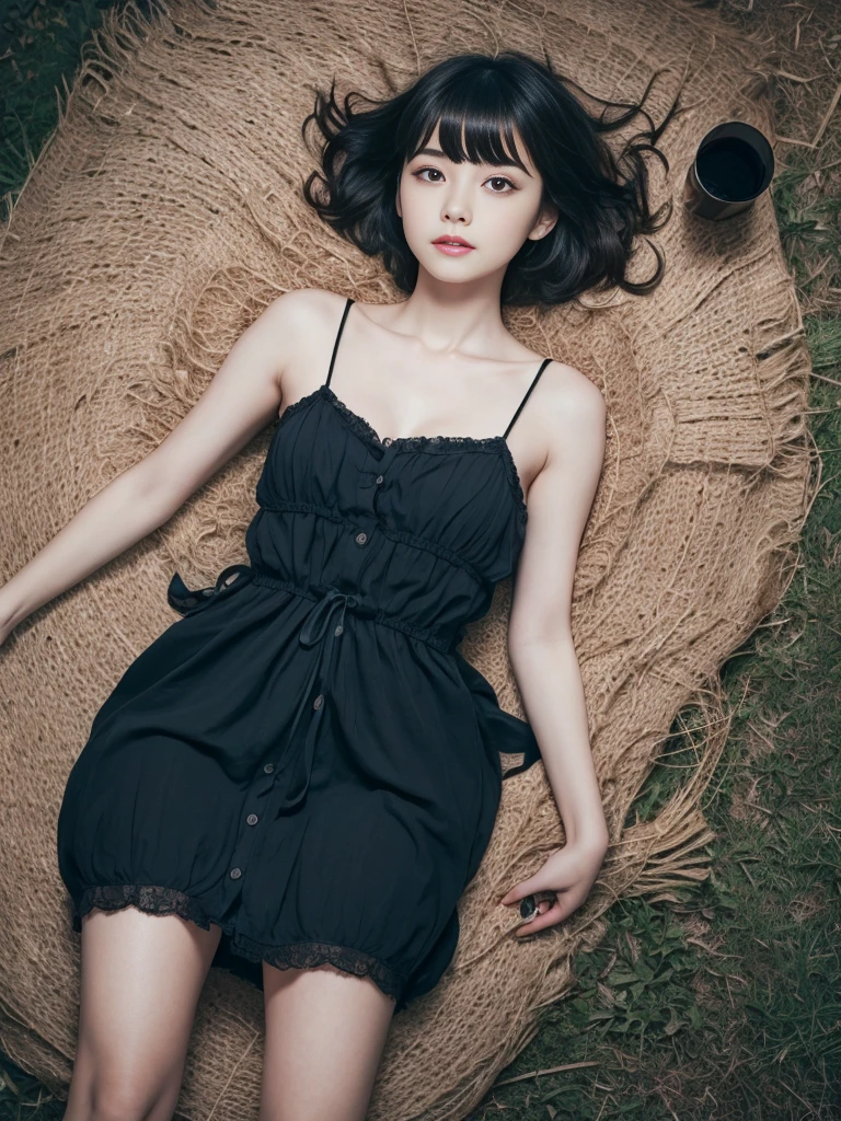 (lying prone),(from above:2),(Highest quality, Very detailed, masterpiece:1.2), 1 female, Very thin body, length, Thin legs, ((Black wavy short hair:1.2)), ((Thick and fluffy bangs)), Very detailedな顔,A faint smile, small, Thin Nose, small thin mouth, Extremely sharply focused eyes, Japanese, Beautiful Face, Realistic eyes, Beautiful and beautiful eyes, Realistic Skin, Beautiful Skin, charm, (Lively Faces), (flowing summer dress camisole evening), Creepy and unique hairstyles, High resolution, Vibrant color palette, , Tim Burton's signature dark shadows and strange details, ,background