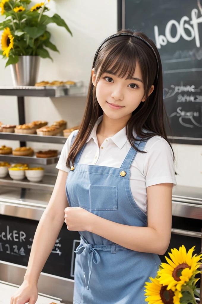 20 years old girl (Japanese cute face) is wearing mini skirt and white apron and working at the cafe with sunflowers