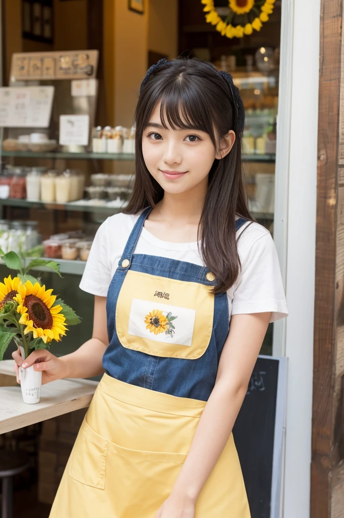 20 years old girl (Japanese cute face) is wearing mini skirt and white apron and working at the cafe with sunflowers