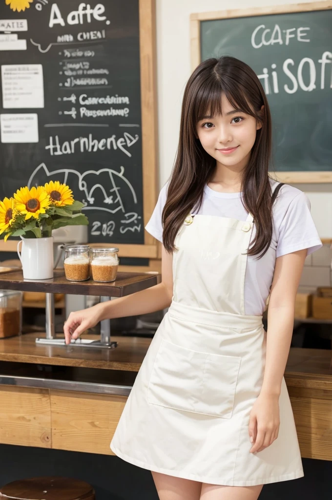 20 years old girl (Japanese cute face) is wearing mini skirt and white apron and working at the cafe with sunflowers