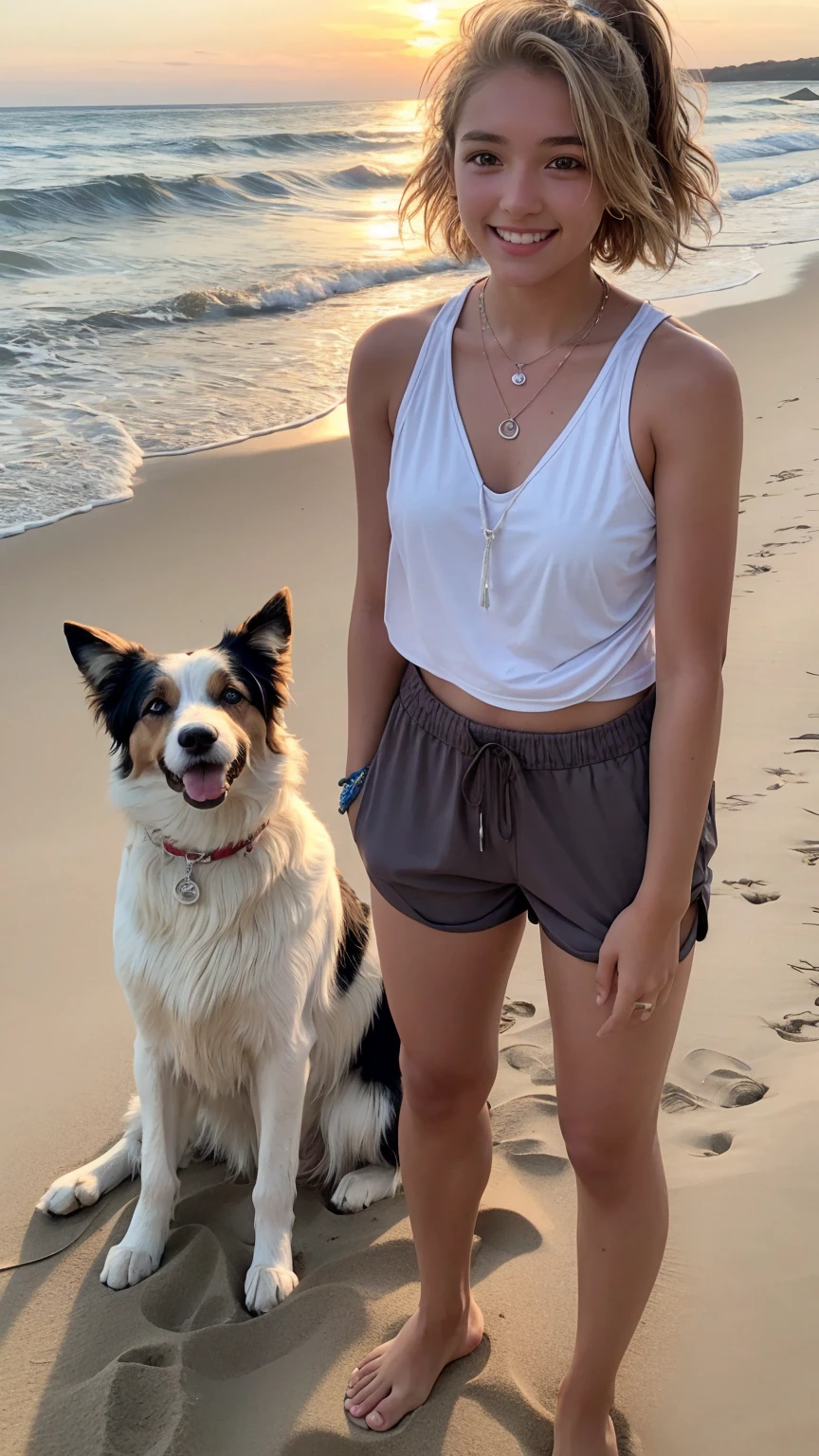 18 year old girl playing with dog on the beach, dog, girl, sunrise, early morning, Border Collie, smile, sporty, Sporting goods, Shorts, Sweaty, Super perfect fit, Very detailed, Detailed face, Blonde, short hair, Rachel Cook, Long body, Dark brown skin, barefoot, Sandy, necklace