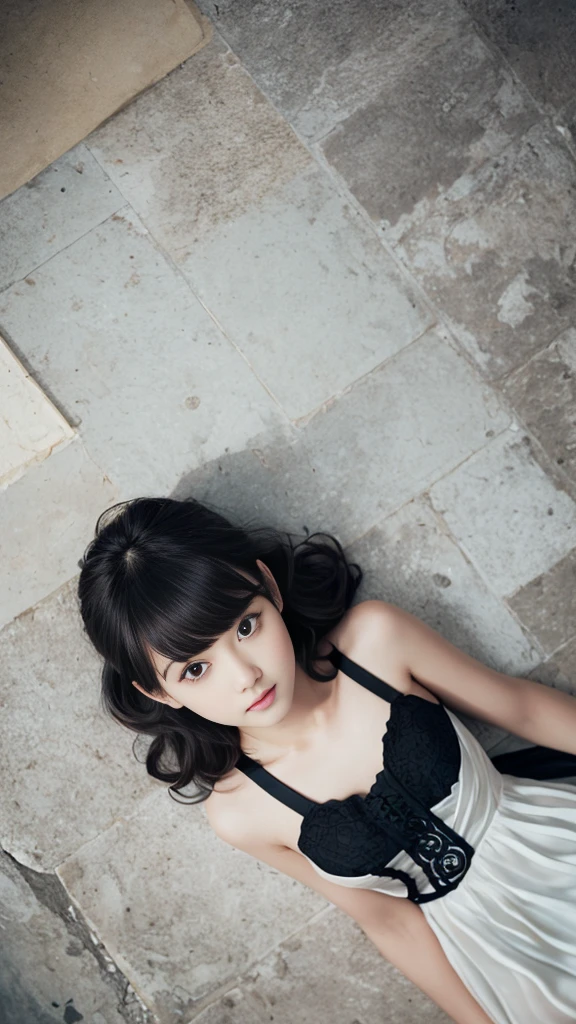 (lying prone),(from above:2),(Highest quality, Very detailed, masterpiece:1.2), 1 female, Very thin body, length, Thin legs, ((Black wavy short hair:1.2)), ((Thick and fluffy bangs)), Very detailedな顔,A faint smile, small, Thin Nose, small thin mouth, Extremely sharply focused eyes, Japanese, Beautiful Face, Realistic eyes, Beautiful and beautiful eyes, Realistic Skin, Beautiful Skin, charm, (Lively Faces), (flowing summer dress camisole evening), Creepy and unique hairstyles, High resolution, Vibrant color palette, , Tim Burton's signature dark shadows and strange details, ,background