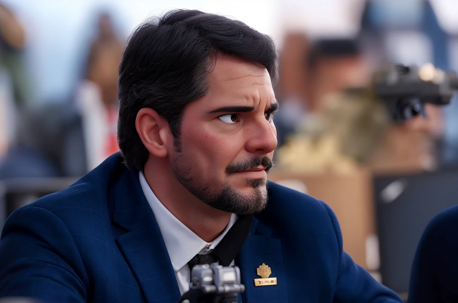 With a gun in his hand and a senator's suit, in the background the city of Brasilia, capital of Brazil