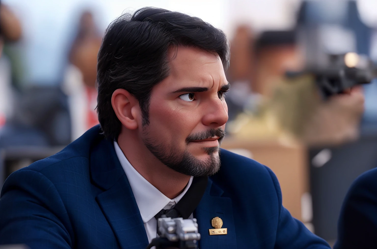 With a gun in his hand and a senator's suit, in the background the city of Brasilia, capital of Brazil