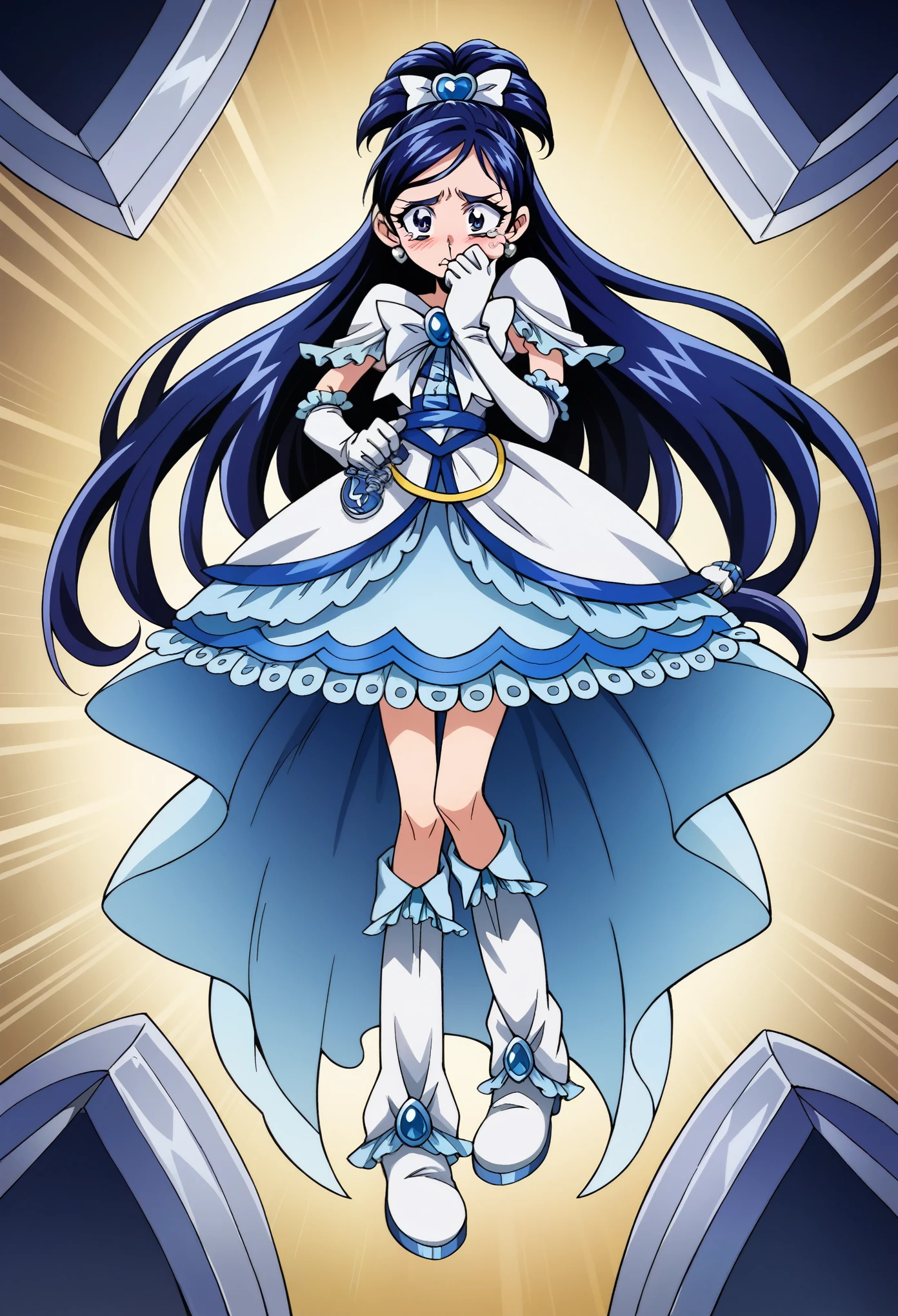 cure white, anime style, detailed hair and costume, long flowing blue hair, white and blue frilly dress, white gloves and boots, holding her ears with both hands, blushing cheeks, in pain, suffering from enemy's sonic attack, dynamic and intense scene, background with sound waves,masterpiece, Highest quality,, Highly detailed background, Perfect lighting, (beautiful, Highest quality:1.1), masterpiece, Perfect Eyes, (beautiful), (erotic:1.2) 