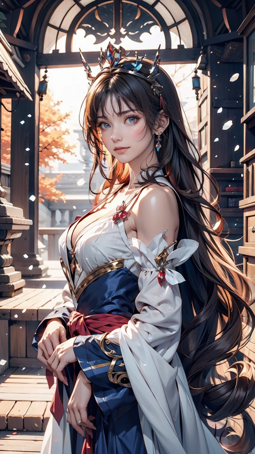 Anime girl with long white hair and blue dress in the snow, White-haired God, White hair floating in the air, Anime fantasy illustration, Flowing white hair, Beautiful young wind spirit, Beautiful fantasy anime, Shiny, flowing hair, Ethereal Anime, Beautiful anime artwork, Beautiful digital art, Anime fantasy artwork, ((Beautiful Fantasy Empress)), 2. 5 d cgi Anime fantasy artwork、My breath is white（Flowing with the wind)、smile、Lips parted