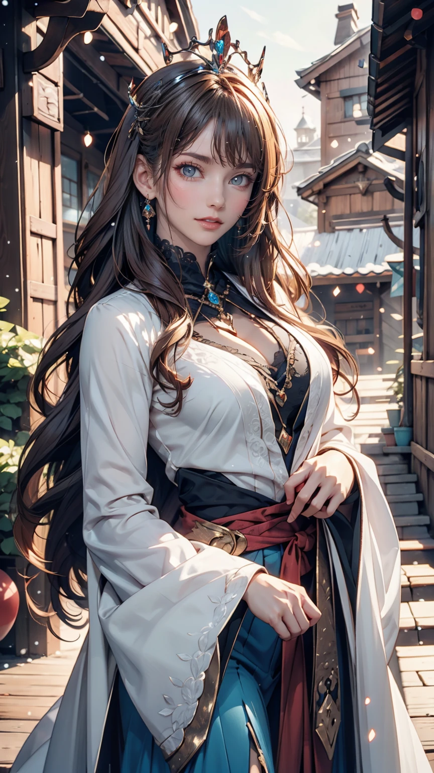 Anime girl with long white hair and blue dress in the snow, White-haired God, White hair floating in the air, Anime fantasy illustration, Flowing white hair, Beautiful young wind spirit, Beautiful fantasy anime, Shiny, flowing hair, Ethereal Anime, Beautiful anime artwork, Beautiful digital art, Anime fantasy artwork, ((Beautiful Fantasy Empress)), 2. 5 d cgi Anime fantasy artwork、My breath is white(Flowing with the wind)、smile、Lips parted