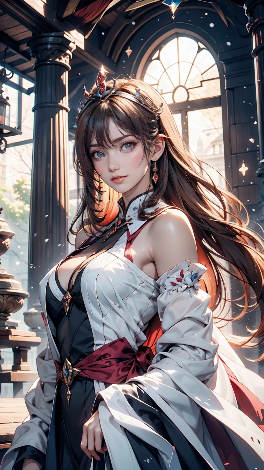 Anime girl with long white hair and blue dress in the snow, White-haired God, White hair floating in the air, Anime fantasy illustration, Flowing white hair, Beautiful young wind spirit, Beautiful fantasy anime, Shiny, flowing hair, Ethereal Anime, Beautiful anime artwork, Beautiful digital art, Anime fantasy artwork, ((Beautiful Fantasy Empress)), 2. 5 d cgi Anime fantasy artwork、My breath is white(Flowing with the wind)、smile、Lips parted